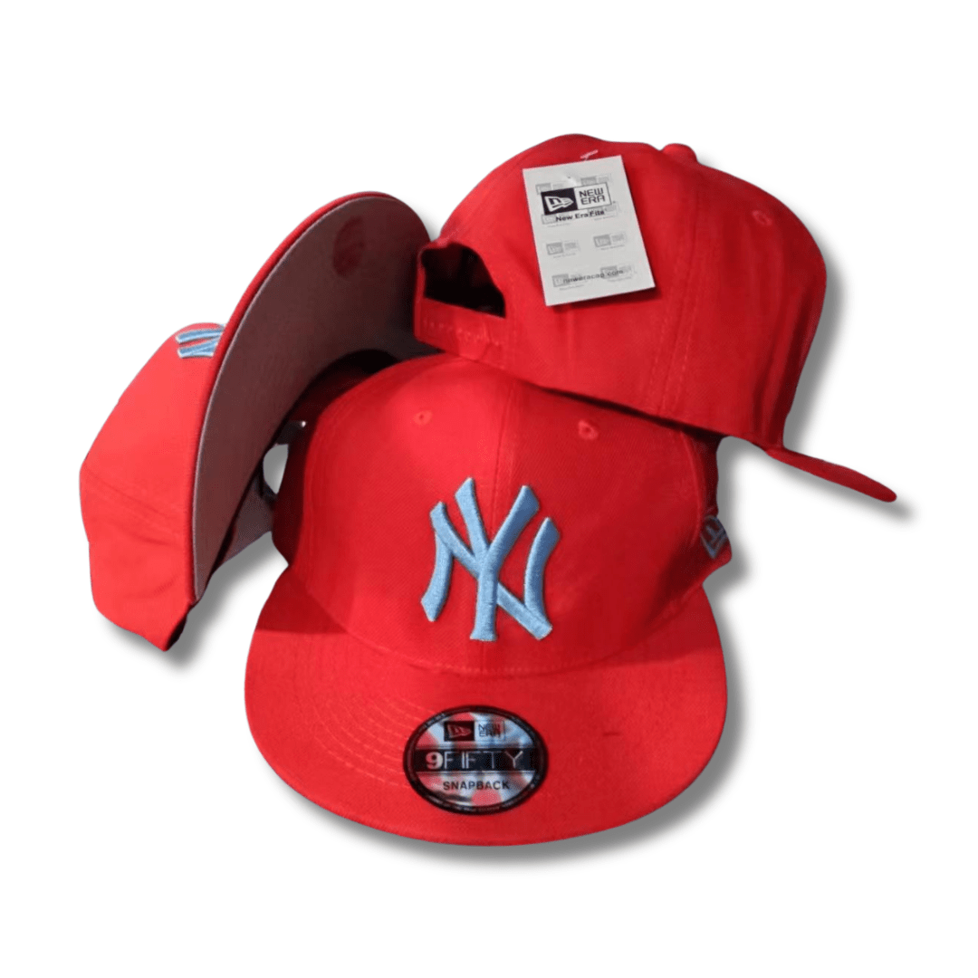 New York Yankees Red with Light Blue Embroidered Logo - Snapback Cap