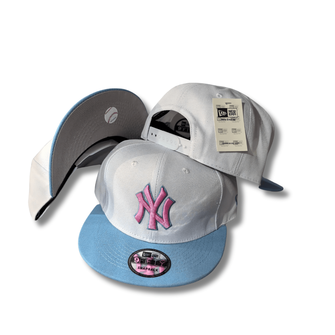 New York Yankees White and Light Blue with Pink Embroidered Logo - Snapback Cap