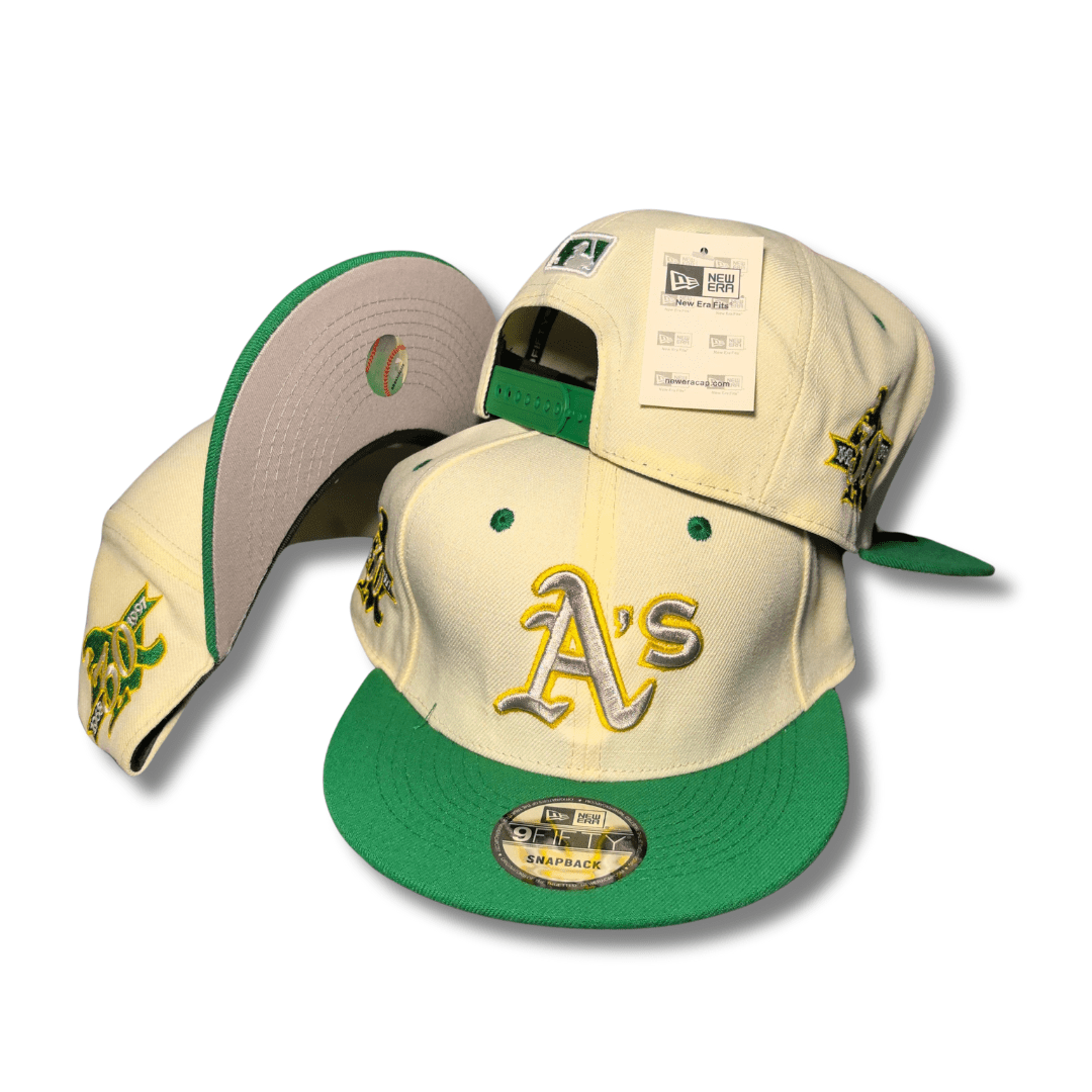 Oakland Athletics Cream and Green with Embroidered Logo and Side Patches - Snapback Cap