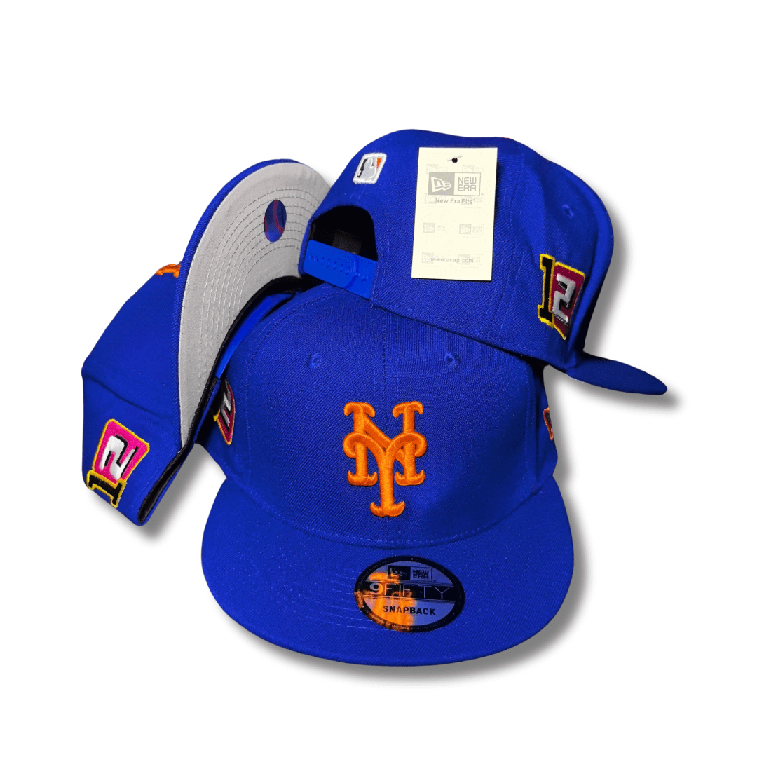New York Mets Royal Blue with Orange Logo and Side Patches – Snapback Cap