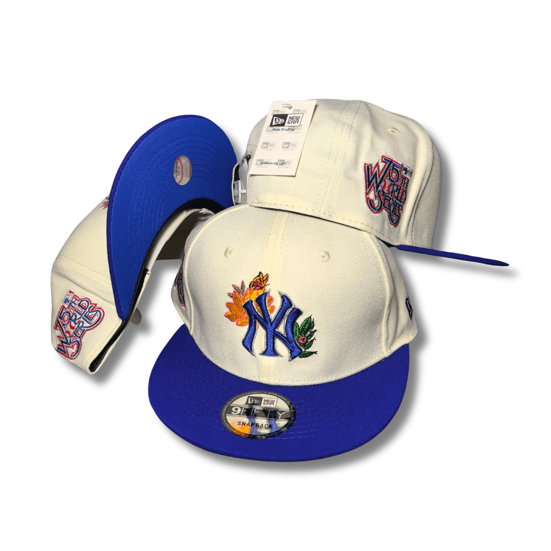 New York Yankees Cream and Blue with Floral Logo and 75th World Series Patch – Snapback Cap