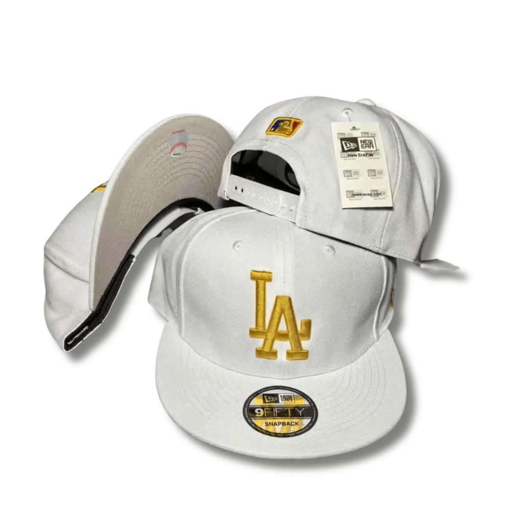 LA Dodgers with Gold Embroidered Logo White – Snapback Cap