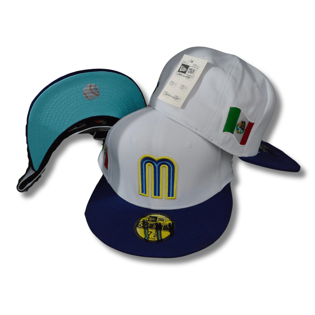 Mexico Baseball Fitted Hat with Embroidered Logo and Flag White and Blue – Fitted Cap