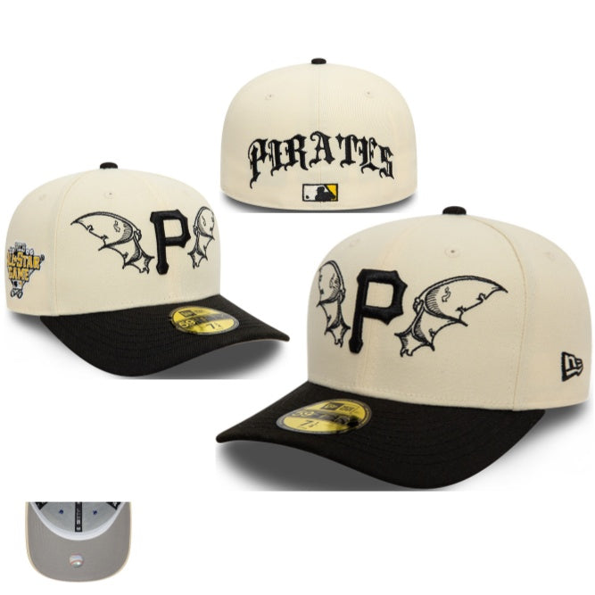 Pittsburgh Pirates Cream and Black Fitted Cap with Gothic Embroidery