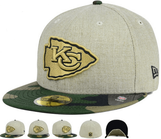 Kansas City Chiefs Fitted Hat with Gold Logo and Camouflage Brim – Khaki and Camo