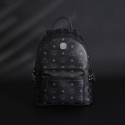 MCM Stark Visetos Medium Backpack – Black Monogram with Studded Detailing