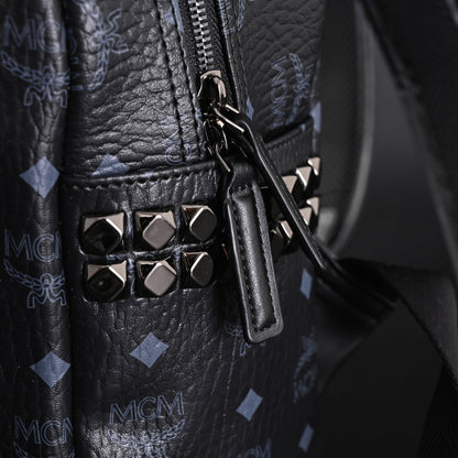 MCM Stark Visetos Medium Backpack – Black Monogram with Studded Detailing
