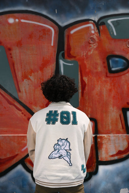 Evo Vintage Varsity: Off-White & Beige Unisex Varsity Jacket