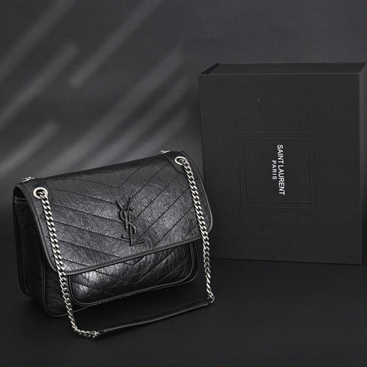 Saint Laurent Niki Medium Black Crinkled Leather Shoulder Bag