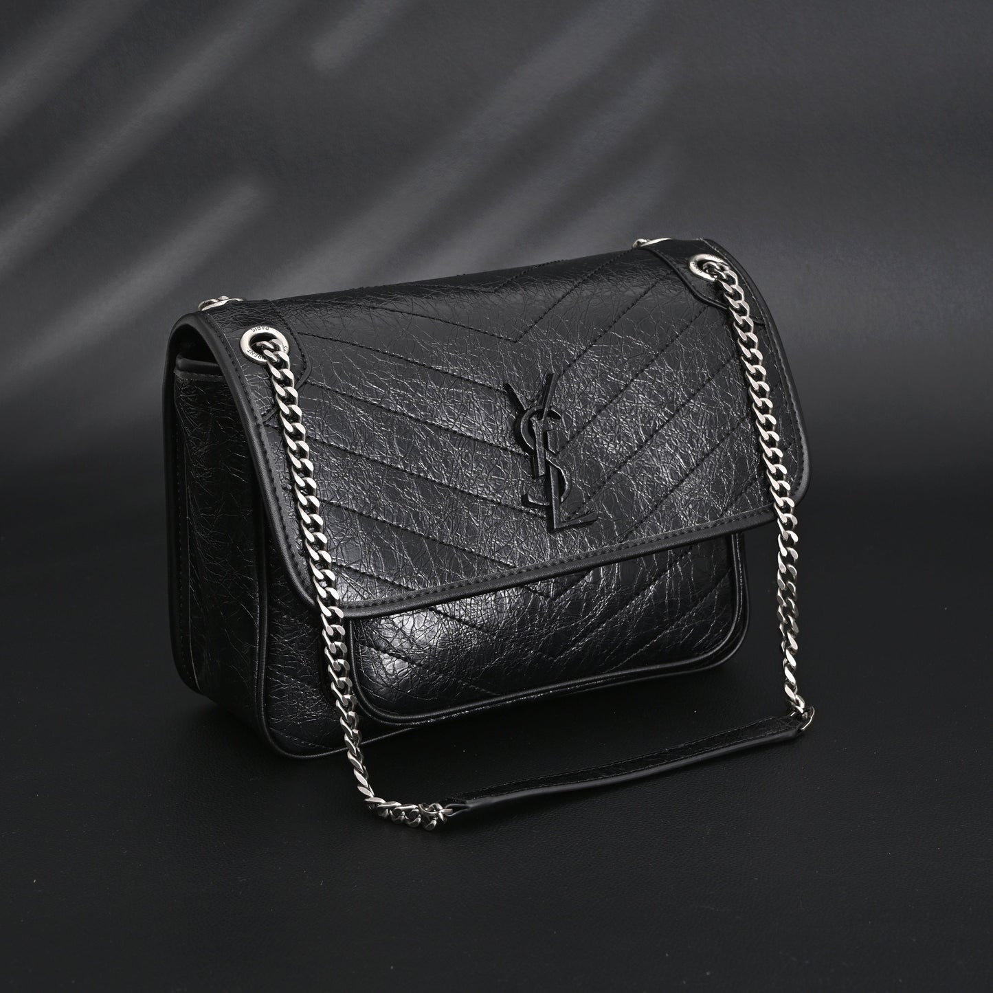 Saint Laurent Niki Medium Black Crinkled Leather Shoulder Bag