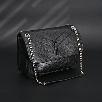 Saint Laurent Niki Medium Black Crinkled Leather Shoulder Bag