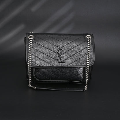 Saint Laurent Niki Medium Black Crinkled Leather Shoulder Bag