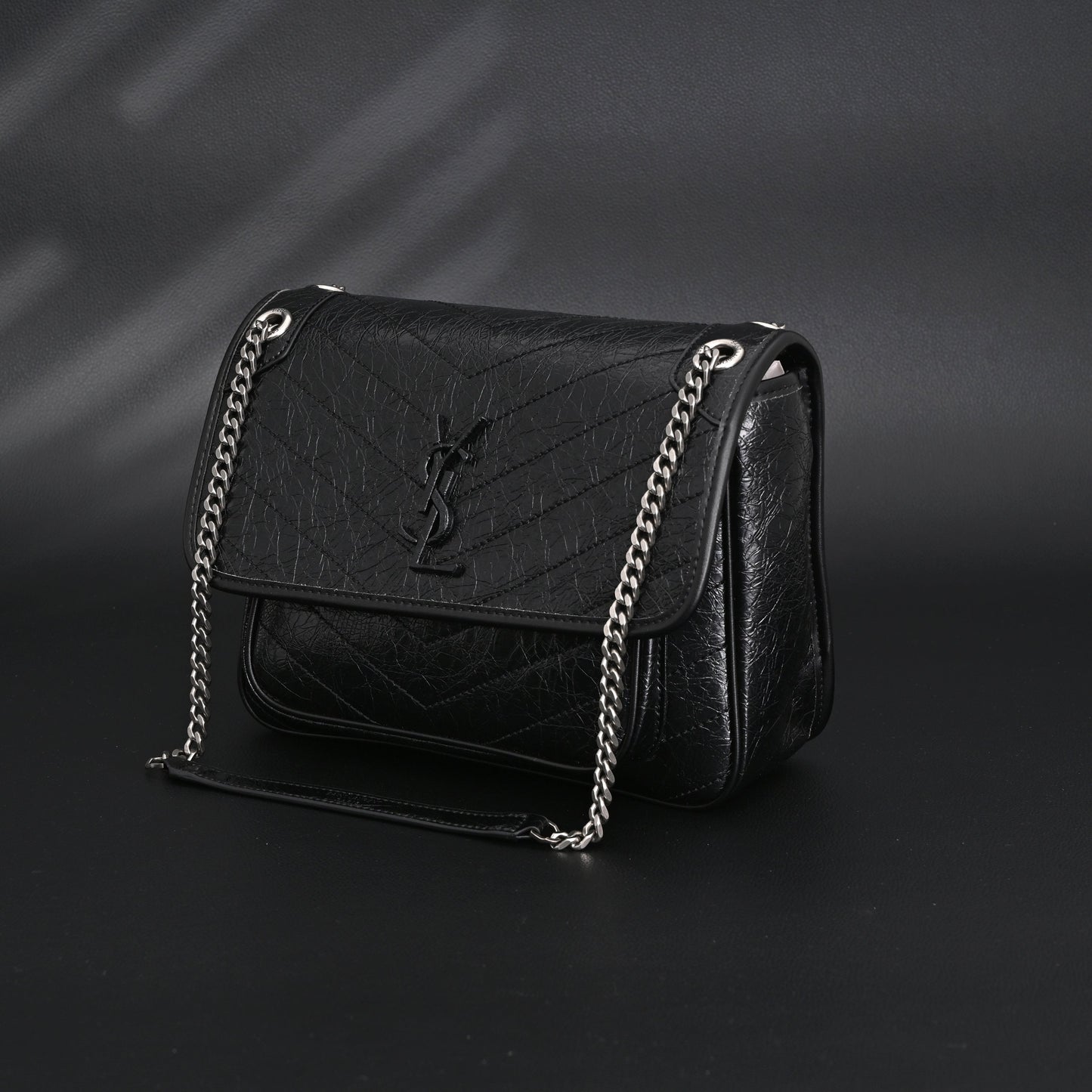 Saint Laurent Niki Medium Black Crinkled Leather Shoulder Bag