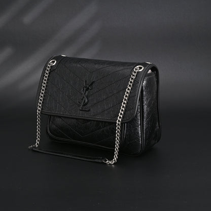 Saint Laurent Niki Medium Black Crinkled Leather Shoulder Bag