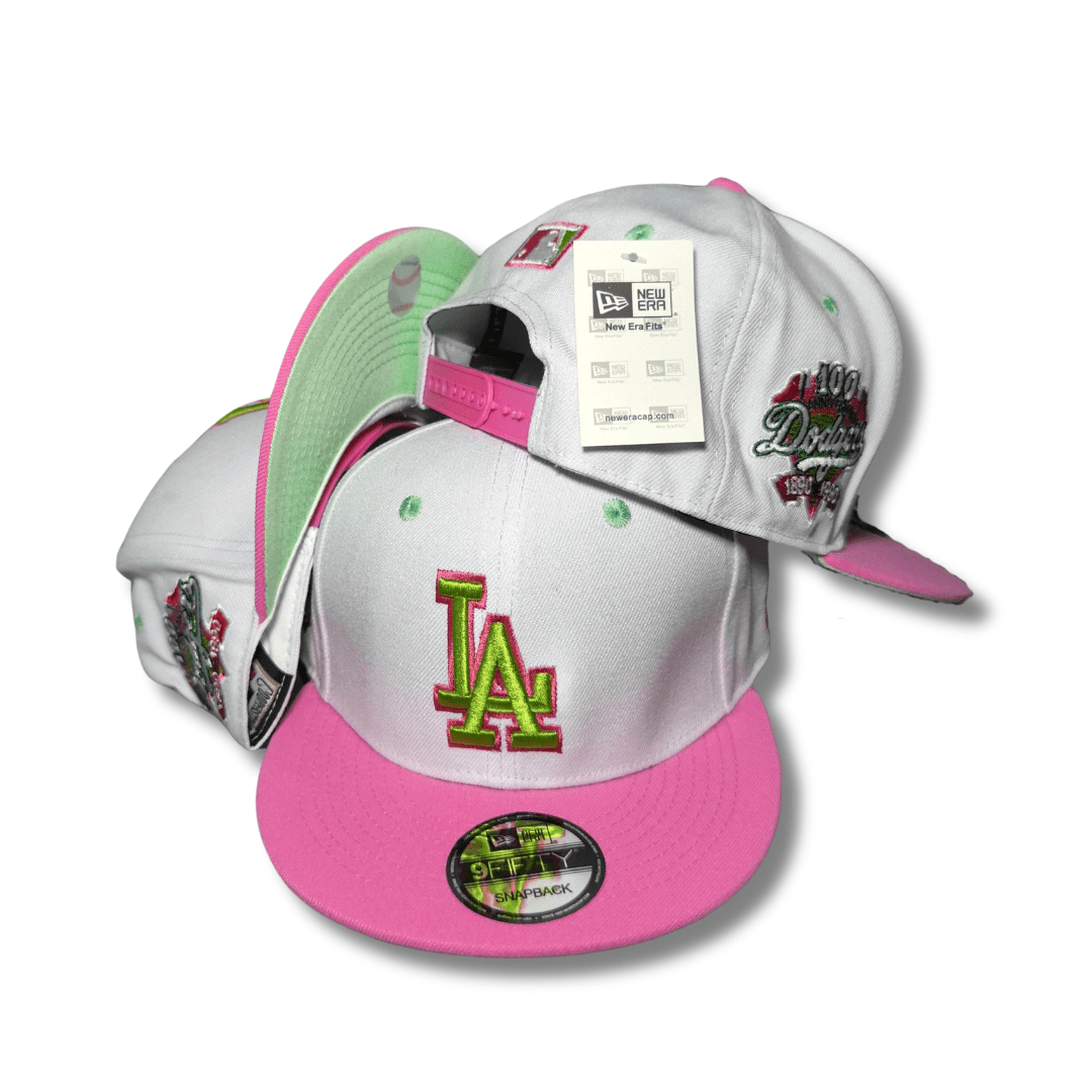 Los Angeles Dodgers New Era 9Fifty White with Pink Brim and Green Logo – Snapback Cap