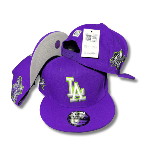 Los Angeles Dodgers Purple with Lime Green Logo and World Series Side Patches – Snapback Cap