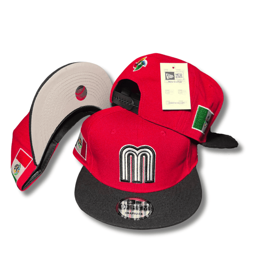 Mexico Baseball Red and Black with Embroidered Logo and Flag Patch – Snapback Cap