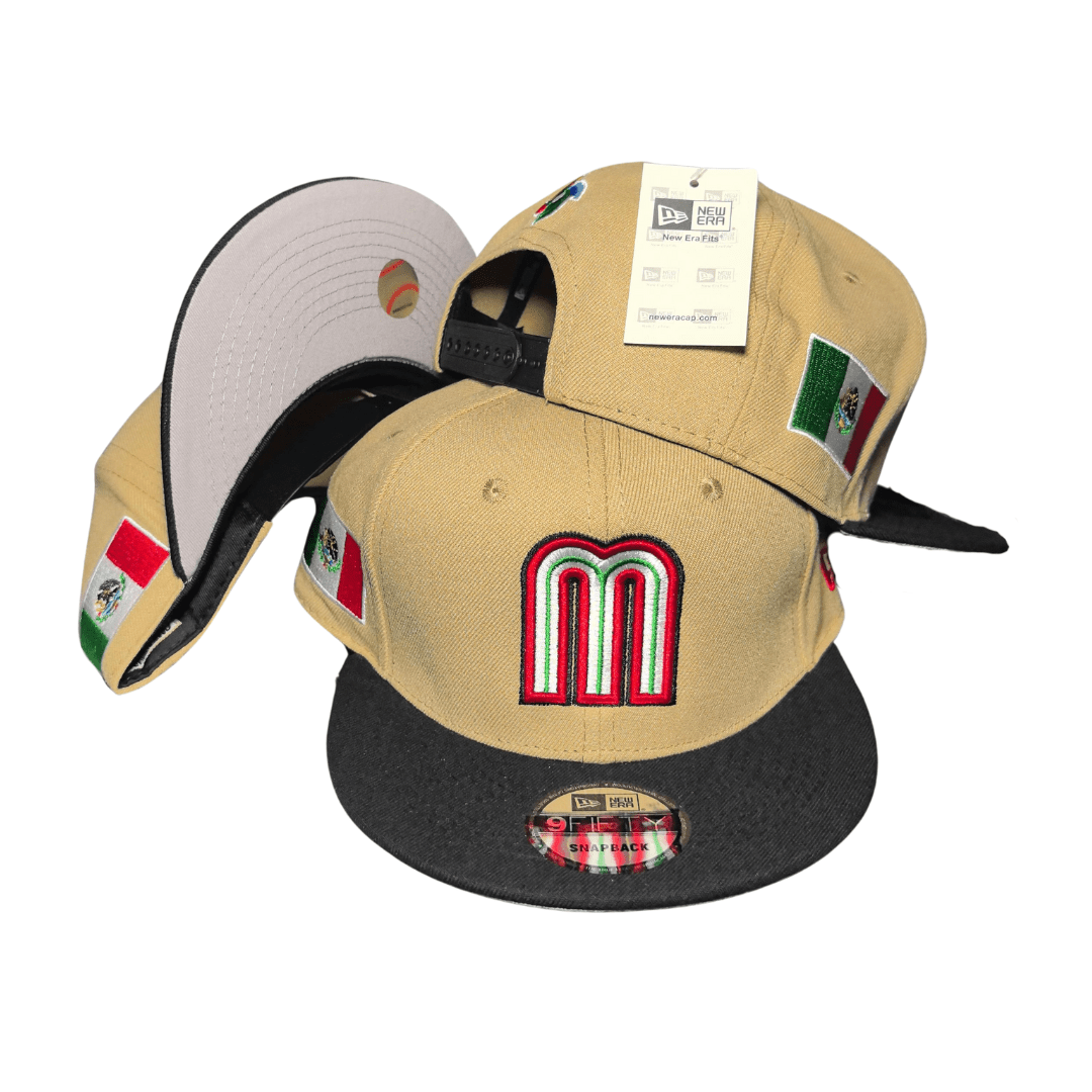 Mexico Baseball Beige with Black Brim and Mexican Flag Accents – Snapback Cap