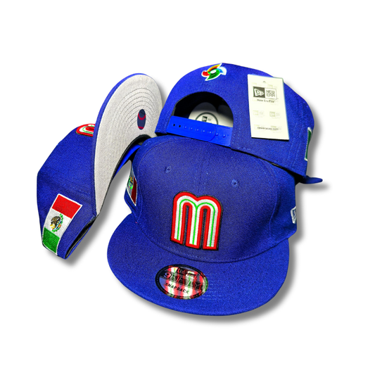 Mexico National Baseball Team with Embroidered Logo and Flag Patch Blue – Snapback Cap