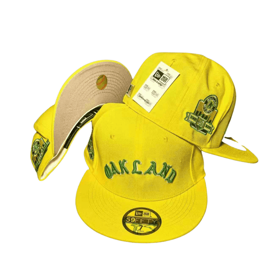 Oakland Athletics with Anniversary Patch and Embroidered Script Yellow – Fitted Cap