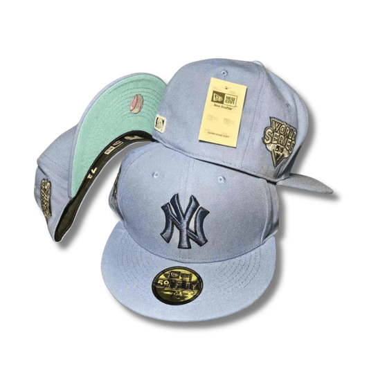 New York Yankees with World Series Patch and Mint Underbrim Light Blue – Fitted Cap