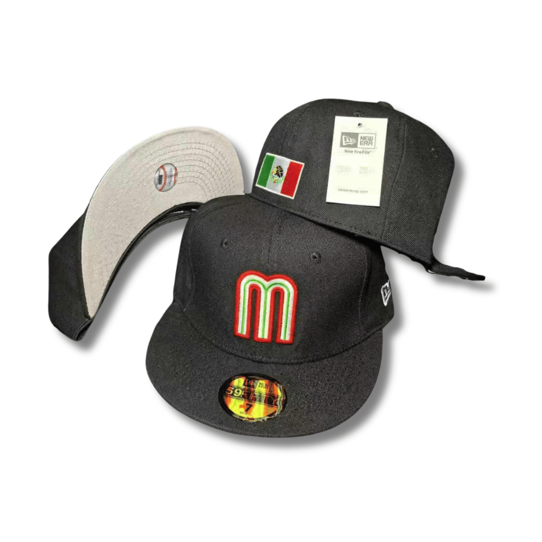 Team Mexico with Embroidered Logo and Mexican Flag Patch Black – Fitted Cap