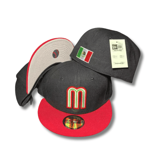 Team Mexico with Embroidered Logo and Red Brim Black – Fitted Cap