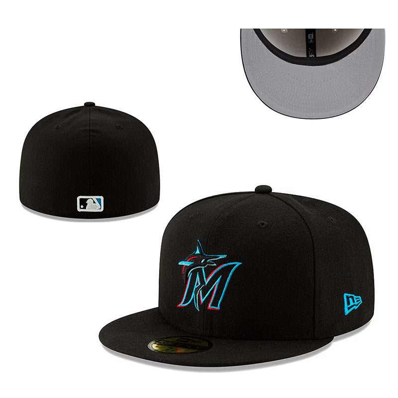 Miami Marlins Black Fitted Hat with Aqua and Red Logo