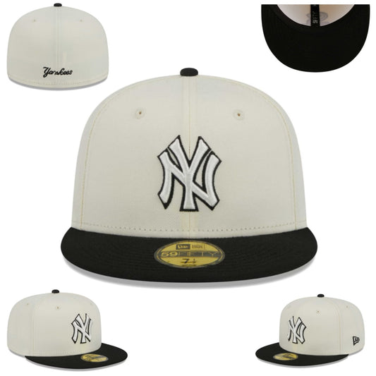 New York Yankees White and Black Fitted Hat with Embroidered Logo