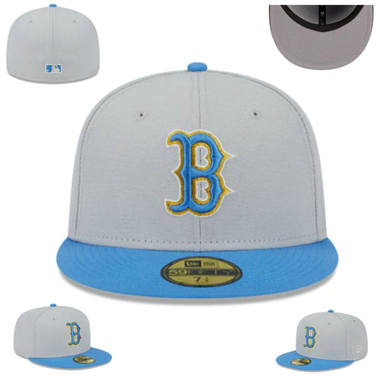 Boston Red Sox Light Gray and Blue Fitted Hat with Gold and Blue Embroidered Logo