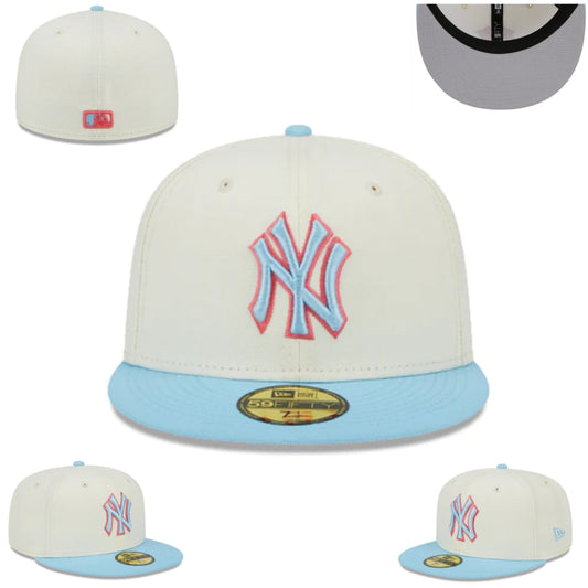 New York Yankees Fitted Hat – Cream with Light Blue Brim and Red Outlined Logo