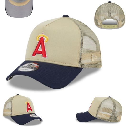 Beige and Navy Snapback Cap with Embroidered Logo and Mesh Back