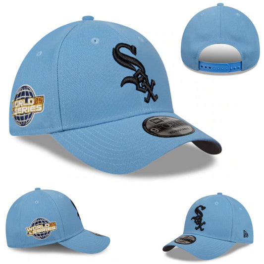 Light Blue Snapback Cap with Black White Sox Logo and World Series Patch
