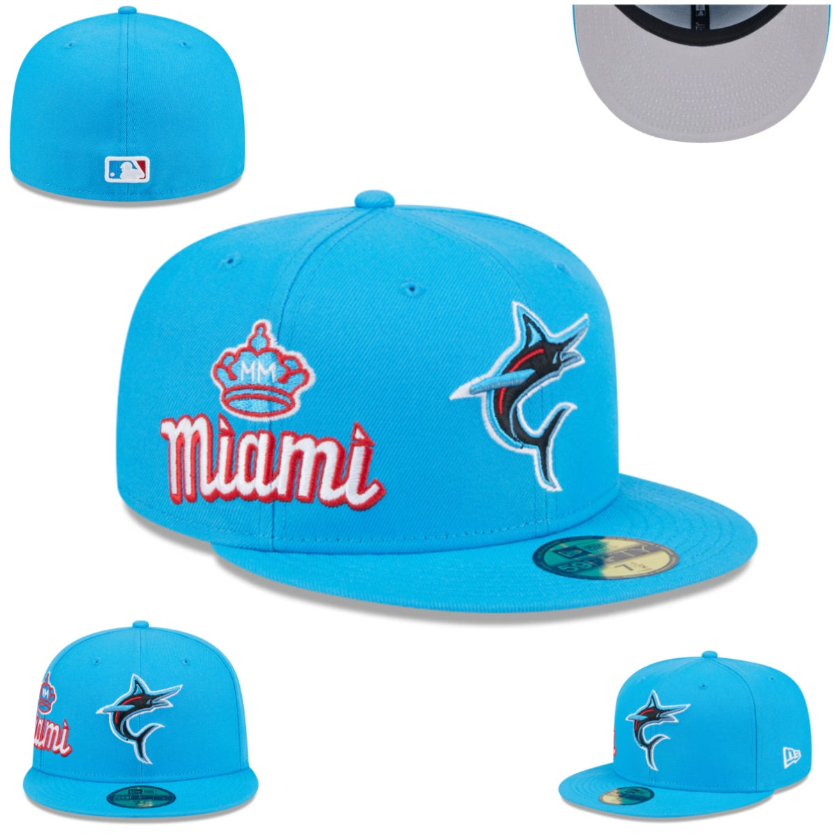 Miami Marlins Crowned Script Hat with Gray Undervisor – Light Blue