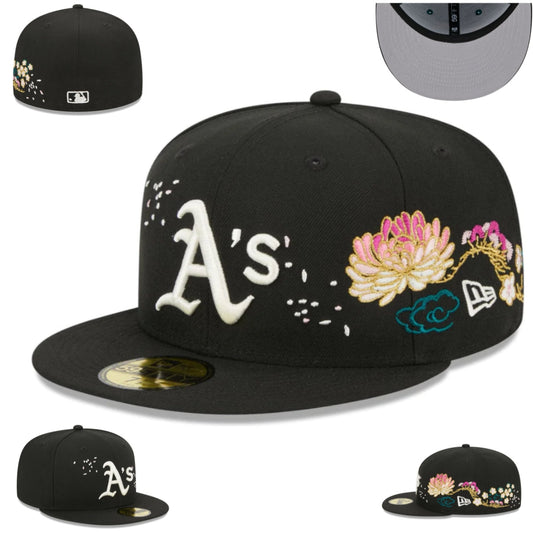 Oakland Athletics Black Floral Embroidered Fitted Cap