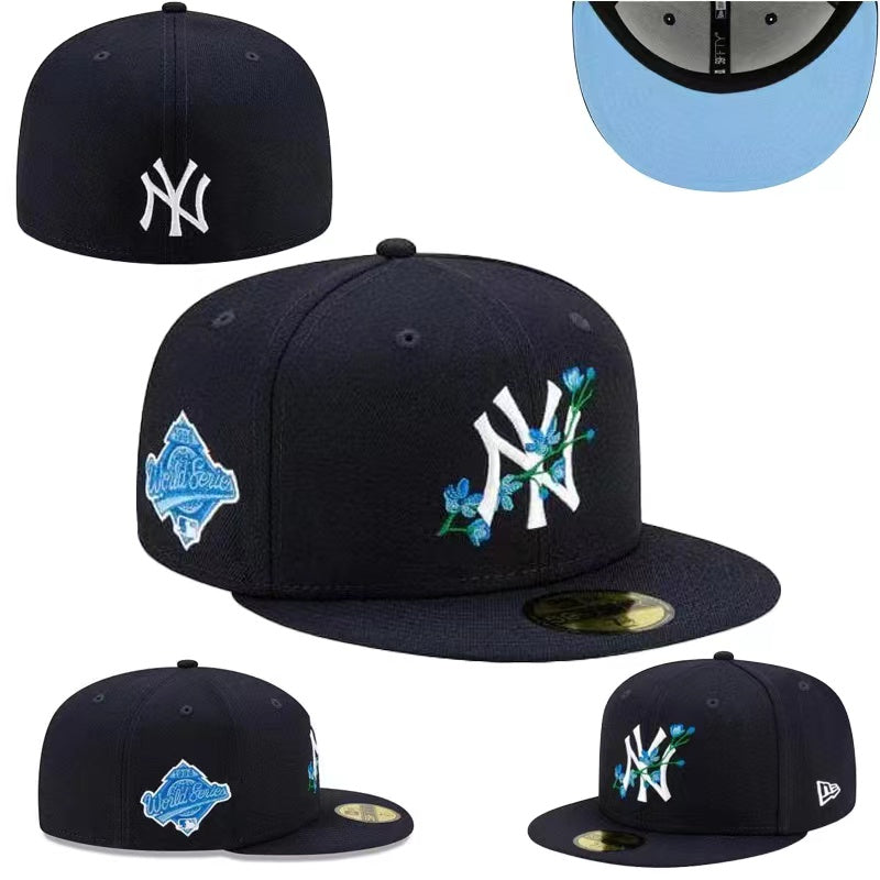 New York Yankees Navy Blue Floral Embroidered World Series Fitted Hat