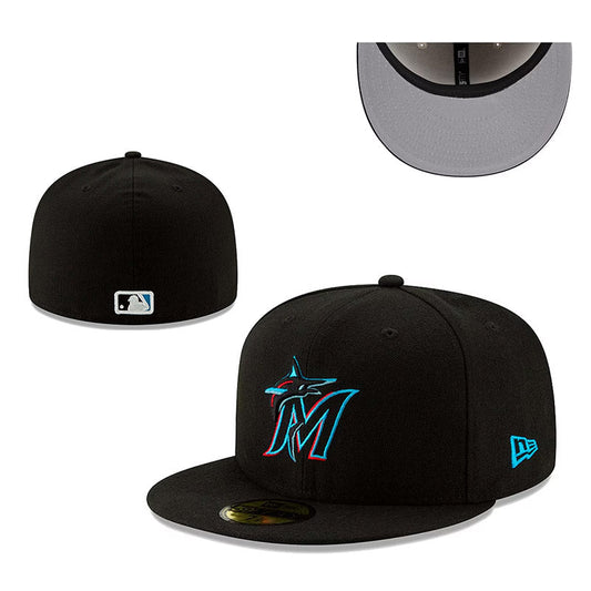 Miami Marlins Black Fitted Cap with Vibrant Teal and Red Logo – Official MLB Baseball Hat