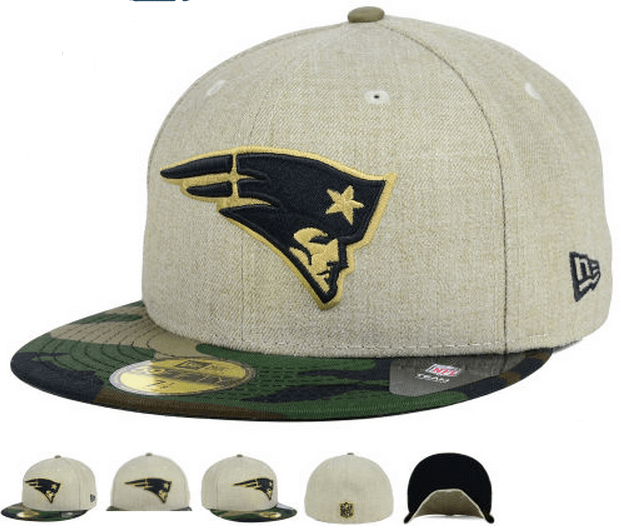 New England Patriots Fitted Hat with Gold Logo and Camouflage Brim – Khaki and Camo