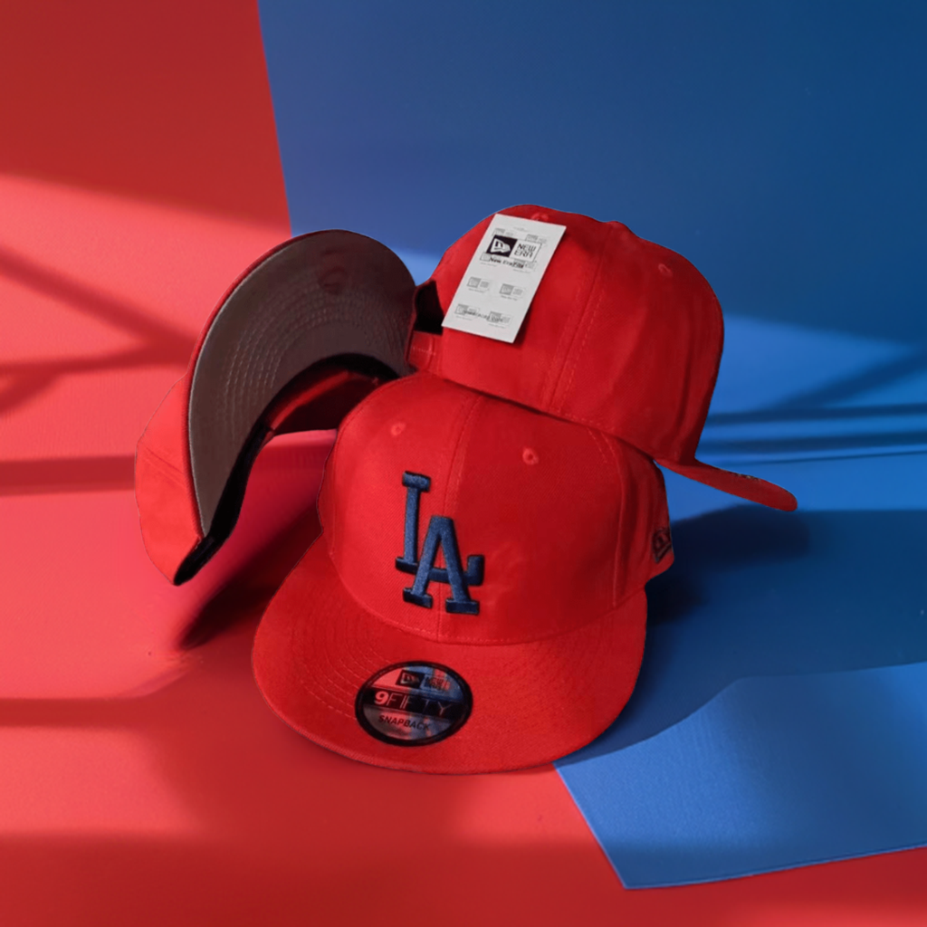 2024 LA Dodgers Straight Brim Baseball Cap, Adjustable, Red W Navy LA LOGO - Stapback Cap